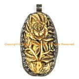 LARGE OOAK Tibetan Ethnic Tribal Old Bone Hand Carved Roses Flower Floral Pendant with Repousse Tibetan Silver Lotus & Floral Details WM6419