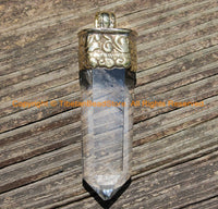 Himalayan Tibetan Luxe Crystal Quartz Point Pendant with Carved Tibetan Brass Cap - 3" x 1" Tibetan Crystal Pendant Tibetan Jewelry WM6220