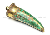 Ethnic Tibetan Malachite Inlay Horn Tusk Tooth Pendant with Brass Bail - Brass & Turquoise Inlaid Horn Pendants - WM6452B