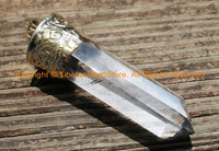 LARGE Himalayan Tibetan Luxe Crystal Quartz Point Pendant with Carved Lotus Floral Tibetan Brass Cap 3"x1" Tibetan Crystal Pendant - WM6214