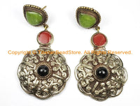 OOAK LARGE Ethnic Tibetan Floral Earrings with Agate, Onyx & Copal Coral Inlays- Earrings - TibetanBeadStore Custom Designs - E09