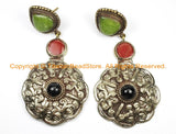 OOAK LARGE Ethnic Tibetan Floral Earrings with Agate, Onyx & Copal Coral Inlays- Earrings - TibetanBeadStore Custom Designs - E09