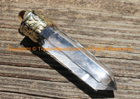 LARGE Himalayan Tibetan Luxe Crystal Quartz Point Pendant with Carved Lotus Floral Tibetan Brass Cap - Tibetan Long Crystal Pendant- WM6202