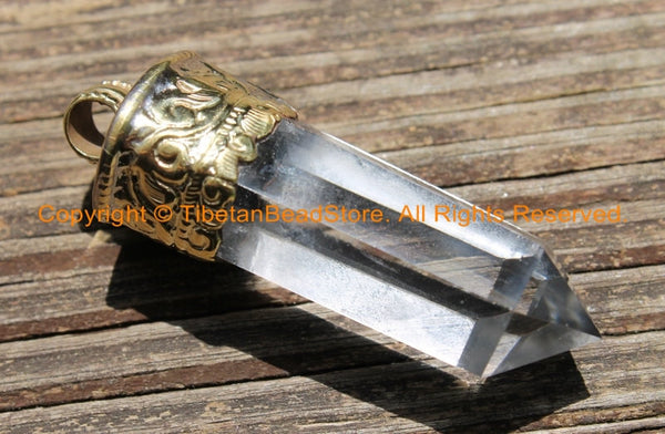 LARGE Himalayan Tibetan Luxe Crystal Quartz Point Pendant with Carved Lotus Floral Tibetan Brass Cap Tibetan Crystal Pendant - WM6216