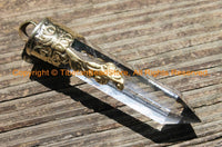 LARGE Himalayan Tibetan Luxe Crystal Quartz Point Pendant with Carved Lotus Floral Tibetan Brass Cap - Tibetan Long Crystal Pendant- WM6224