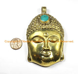 LARGE Buddha Head Tibetan Brass Pendant with Turquoise Accent, Repousse Floral Details - 59mm x 98mm OOAK Statement Tibetan Pendant - WM6362