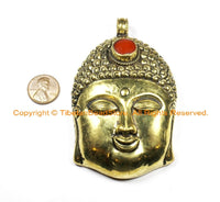 LARGE Buddha Head Tibetan Brass Pendant with Inlay Coral Accent, Repousse Floral Details - 60mm x 98mm - OOAK Tibetan Pendant - WM6366