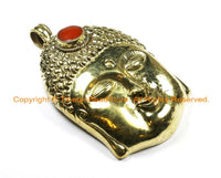 LARGE Buddha Head Tibetan Brass Pendant with Inlay Coral Accent, Repousse Floral Details - 60mm x 98mm - OOAK Tibetan Pendant - WM6365