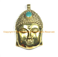 LARGE Buddha Head Tibetan Brass Pendant with Turquoise Accent, Repousse Floral Details - OOAK Statement Tibetan Pendant - WM6369