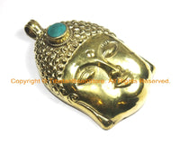 LARGE Buddha Head Tibetan Brass Pendant with Turquoise Accent, Repousse Floral Details - OOAK Statement Tibetan Pendant - WM6369