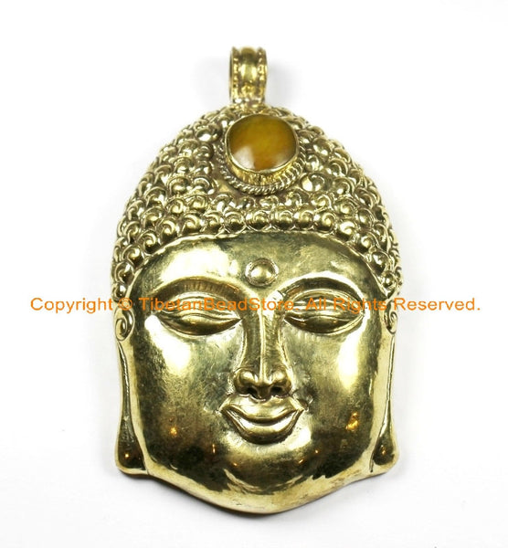 LARGE Buddha Head Tibetan Brass Pendant with Amber Resin Inlay Accent, Repousse Floral Details - OOAK Statement Tibetan Pendant - WM6363