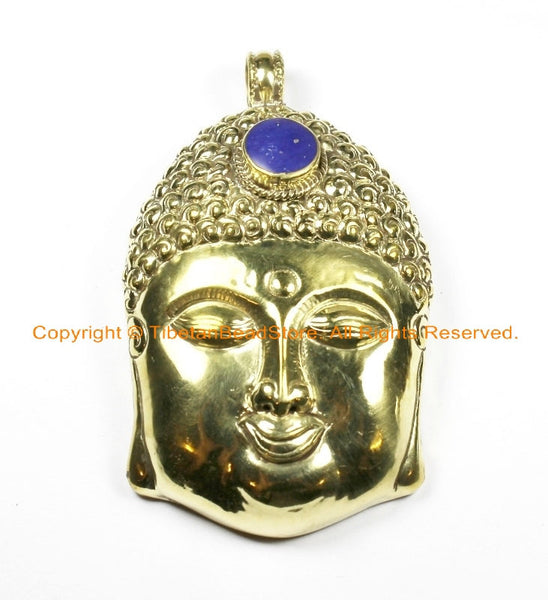 LARGE Buddha Head Tibetan Brass Pendant with Resin Lapis Inlay Accent, Repousse Floral Details - OOAK Statement Tibetan Pendant - WM6364