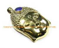 LARGE Buddha Head Tibetan Brass Pendant with Resin Lapis Inlay Accent, Repousse Floral Details - OOAK Statement Tibetan Pendant - WM6364
