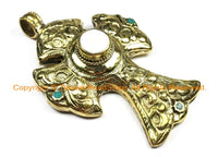 OOAK LARGE Tibetan Brass Carved Cross Pendant with Conch Inlay, Repousse Floral Details - Cross Pendant- TibetanBeadStore Jewelry - WM6370