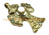 OOAK LARGE Tibetan Brass Carved Cross Pendant with Conch Inlay, Repousse Floral Details - Cross Pendant- TibetanBeadStore Jewelry - WM6370