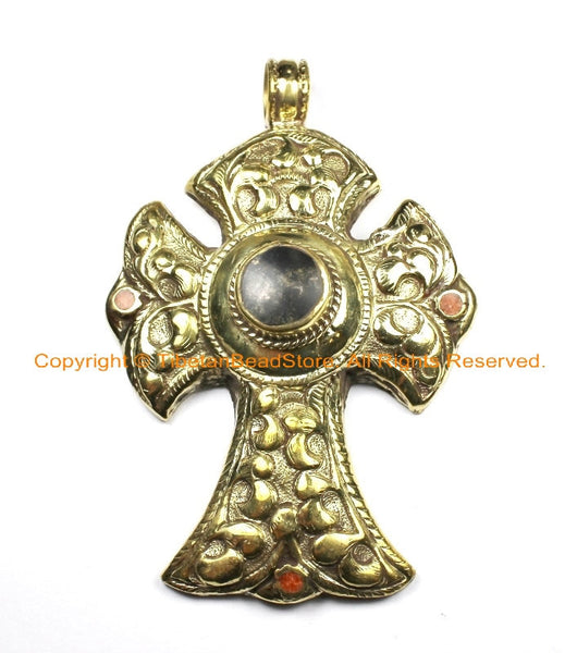 OOAK LARGE Tibetan Brass Cross Pendant with Black Howlite & Coral Accent, Repousse Floral Details - Cross Pendant TibetanBeadStore - WM6374