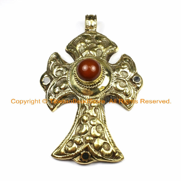 OOAK LARGE Tibetan Brass Cross Pendant with Carnelian Accent, Repousse Floral Details - LARGE Cross Pendant - TibetanBeadStore - WM6371