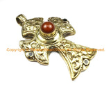 OOAK LARGE Tibetan Brass Cross Pendant with Carnelian Accent, Repousse Floral Details - LARGE Cross Pendant - TibetanBeadStore - WM6371
