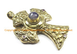 OOAK LARGE Tibetan Brass Cross Pendant with Faceted Quartz Accent, Repousse Floral Details - LARGE Cross Pendant TibetanBeadStore - WM6382