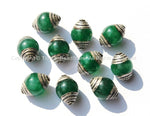 10 BEADS - Ethnic Tibetan Green Jade Beads with Tibetan Silver Caps - Ethnic Nepal Tibetan Artisan Handmade Beads - B1820-10