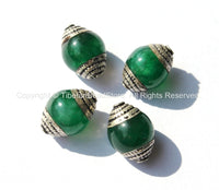 4 BEADS - Ethnic Tibetan Green Jade Beads with Tibetan Silver Caps - Ethnic Nepal Tibetan Artisan Handmade Beads - B1820-4
