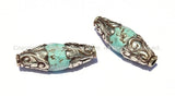 2 BEADS Turquoise Beads with Tibetan Silver Caps - Tibetan Beads - Ethnic Beads - Handmade Tibetan Beads - B779-2