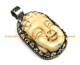OOAK Tibetan Ethnic Tribal Carved Bone Buddha Pendant with Repousse Fish Detail - Hand Carved Bone Pendant TibetanBeadStore - WM6403