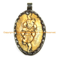 OOAK Tibetan Ethnic Tribal Old Bone Hand Carved Double Frogs Pendant with Repousse Lotus Floral Details - TibetanBeadStore - WM6413