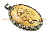 OOAK Tibetan Ethnic Tribal Old Bone Hand Carved Double Frogs Pendant with Repousse Lotus Floral Details - TibetanBeadStore - WM6413