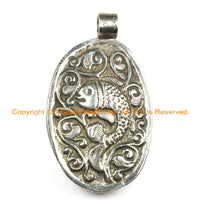 OOAK Tibetan Ethnic Tribal Old Bone Hand Carved Double Rabbits Pendant with Repousse Tibetan Silver Fish Details TibetanBeadStore - WM6442