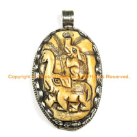 OOAK Tibetan Ethnic Tribal Old Bone Hand Carved Double Elephants Pendant with Repousse Lotus Floral Details - TibetanBeadStore - WM6424