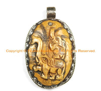 OOAK Tibetan Ethnic Tribal Old Bone Hand Carved Double Elephants Pendant with Repousse Lotus Floral Details - TibetanBeadStore - WM6449