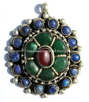 Ethnic Nepal Tibetan Floral Pendant with Garnet, Green Onyx & Lapis Inlays - Tibetan Jewelry Nepalese Jewelry Nepal Pendant - WM238