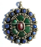 Ethnic Nepal Tibetan Floral Pendant with Garnet, Green Onyx & Lapis Inlays - Tibetan Jewelry Nepalese Jewelry Nepal Pendant - WM238