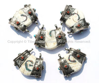 Ethnic Tibetan Naga Conch Shell Pendant with Double Bail, Tibetan Silver Caps, Turquoise, Coral Inlays - WM4981
