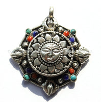 Nepalese Sun Prayer Box Pendant with Mixed Bead Inlays & Removable Front - Ethnic Tibetan Ghau Amulet Pendant - WM3987