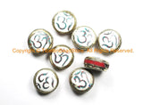 2 BEADS OM Mantra Ethnic Tribal Naga Conch Shell Tibetan Beads with Turquoise, Coral Inlays - Reversible Nepal Tibetan Beads- B3066-2