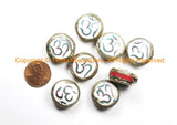 4 BEADS OM Mantra Ethnic Tribal Naga Conch Shell Tibetan Beads with Turquoise, Coral Inlays - Reversible Nepal Tibetan Beads- B3066-4