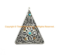Nepalese Filigree Double Vajra Triangle Pendant with Inlay Beads - TibetanBeadStore Handmade Ethnic Tibetan Jewelry - WM29B