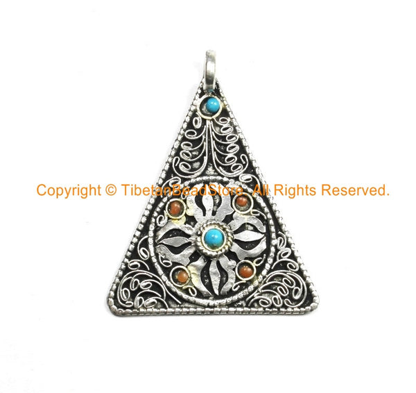Nepalese Filigree Double Vajra Triangle Pendant with Inlay Beads - TibetanBeadStore Handmade Ethnic Tibetan Jewelry - WM29B