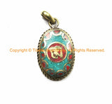 Tibetan OM Mantra Charm Pendant with Brass, Turquoise & Coral Inlays- Nepal Tibetan Om Pendant Tibetan Jewelry - WM7027