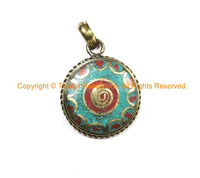 Ethnic Nepal Tibetan Spiral Pendant with Brass, Turquoise, Coral Inlays - Nepal Tibetan Pendant TibetanBeadStore - WM7024