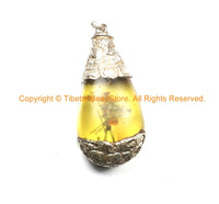 LARGE Tibetan Amber Drop Pendant with Sterling Silver Hand Carved Animal & Floral Caps - Ethnic Tribal Tibetan Amber Resin Jewelry - SS8001