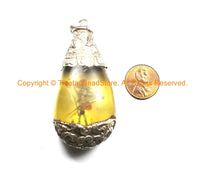 LARGE Tibetan Amber Drop Pendant with Sterling Silver Hand Carved Animal & Floral Caps - Ethnic Tribal Tibetan Amber Resin Jewelry - SS8001