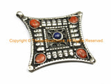 Tibetan Antiqued Diamond-Shaped Pendant with Colored Bead Inlays - Ethnic Nepal Tibetan Pendants Jewelry - TibetanBeadStore - WM7053