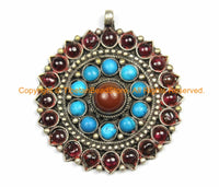 Nepalese Antiqued Floral Style Pendant with Colored Bead Inlays - Ethnic Nepal Tibetan Jewelry - WM7056
