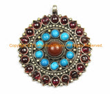 Nepalese Antiqued Floral Style Pendant with Colored Bead Inlays - Ethnic Nepal Tibetan Jewelry - WM7056