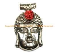 LARGE Buddha Head Tibetan Silver Pendant with Carved Coral Rose Accent & Repousse Lotus Details - 60mm x 100mm - Statement Pendant - WM7070