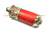 Ethnic Tibetan Coral Stick Pendant with Repousse Thick Tibetan Silver Caps - Tibetan Coral Pendant Coral Jewelry Tibetan Jewelry - WM7076