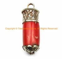 Ethnic Tibetan Coral Stick Pendant with Repousse Thick Tibetan Silver Caps - Tibetan Coral Pendant Coral Jewelry Tibetan Jewelry - WM7076